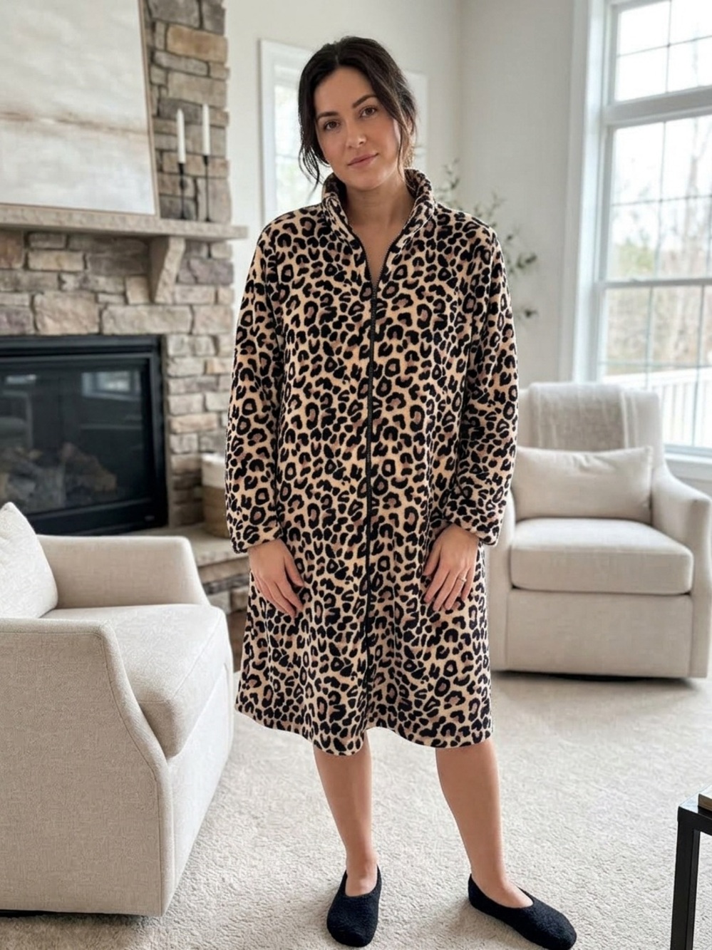 Miss Elaine Leopard Print Zip-Front Plush Robe in Tan and Black